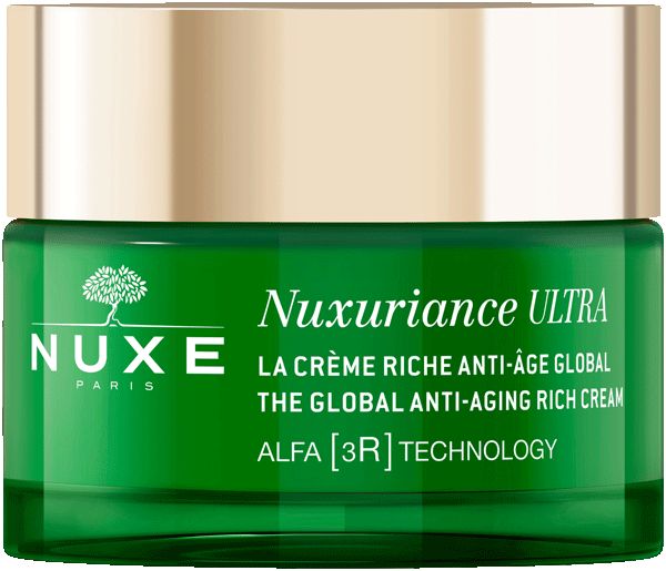 Grünes Cremetiegel mit goldfarbenem Deckel. Aufschrift: NUXE, Nuxuriance ULTRA, LA CRÈME RICHE ANTI-ÂGE GLOBAL.
