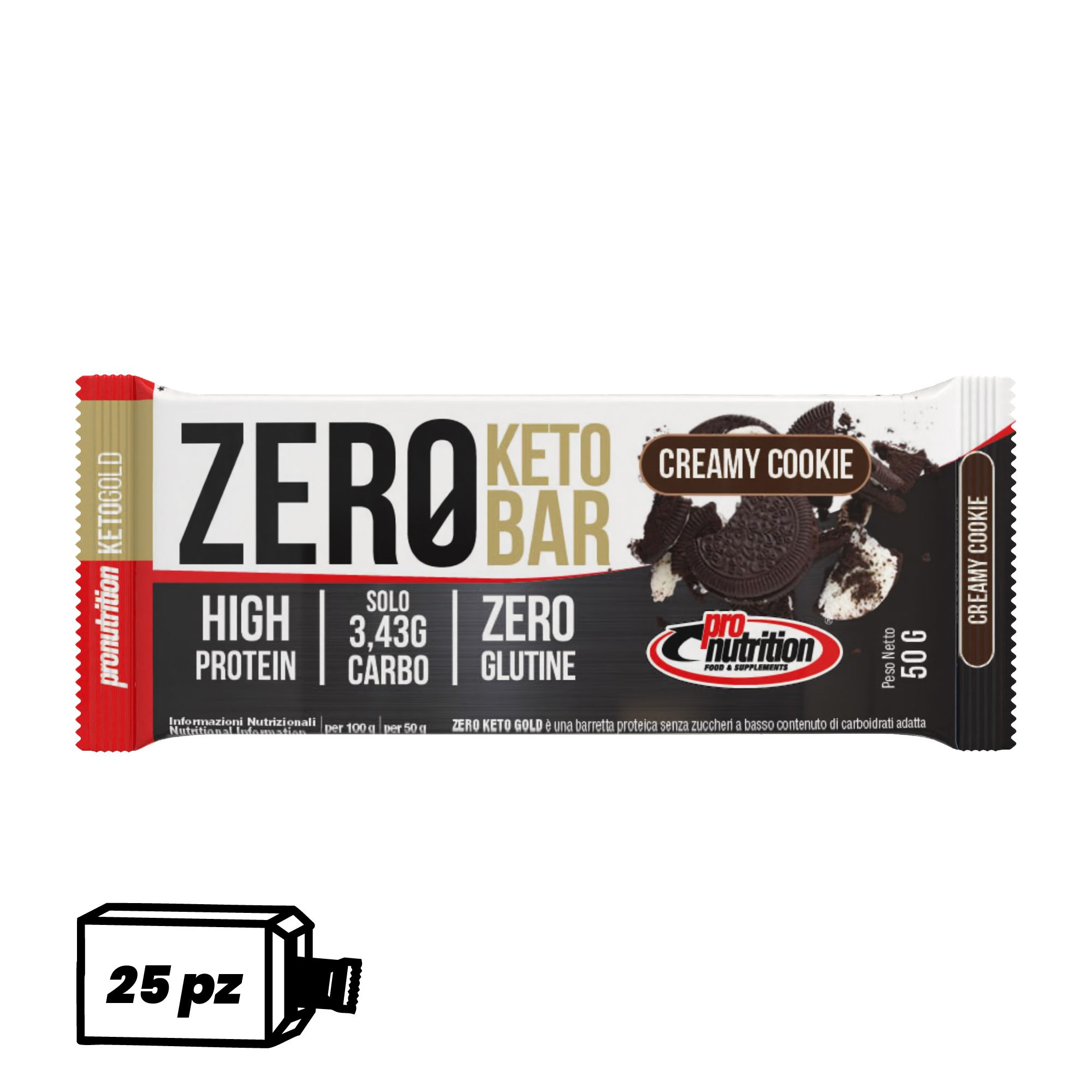 Pronutrition Barrette chetogenica Zero Keto Bar (25 pezzi x 50 gr, Creamy cookie)