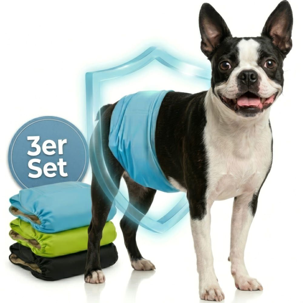 Hund mit blauer Windel. 3er Set Windeln in Blau, Grün und Schwarz. Schild- und Kreis-Grafik.