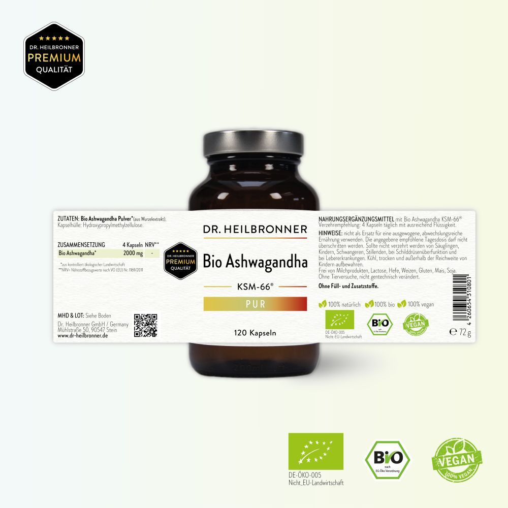 Braune Glasflasche mit Kapseln. Aufschrift: Dr. Heilbronner Bio Ashwagandha PUR, 120 Kapseln. Bio- und Vegan-Siegel. Text überlagert.