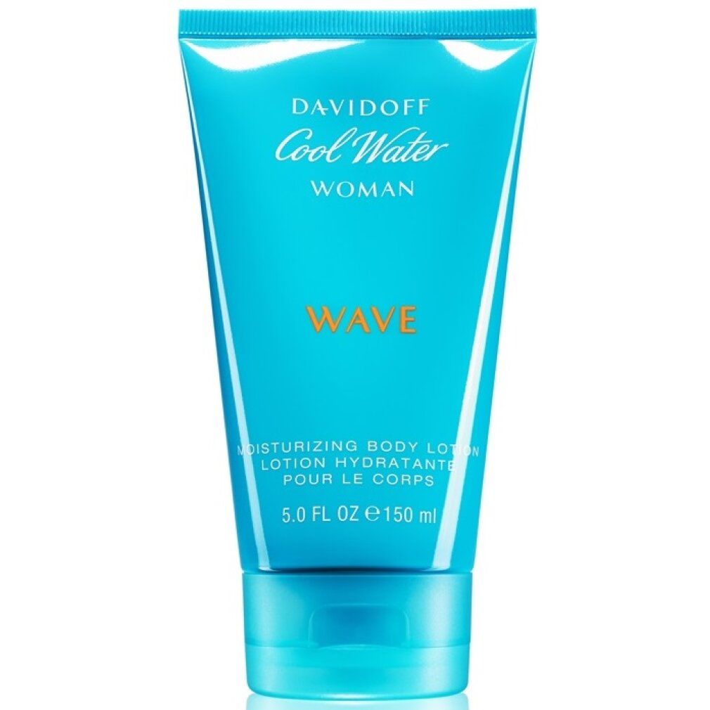 Davidoff Cool Water Woman Wave Body Lotion. Tube, blau. Produktbezeichnung und Schriftzug. 5.0 FL OZ e 150 ml.