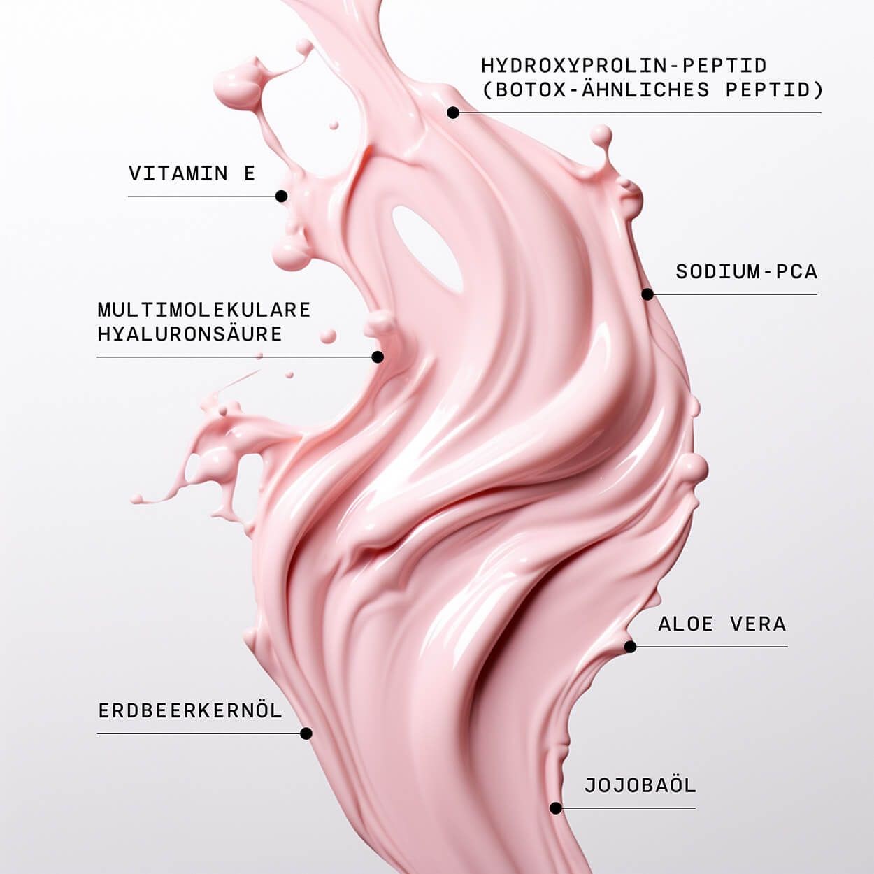 Rosa Flüssigkeitsspritzer mit Inhaltsstoff-Kennzeichnungen: Vitamin E, Hyaluronsäure, Erdbeerkernöl, Hydroxyprolin-Peptid, Sodium-PCA, Aloe Vera, Jojobaöl.