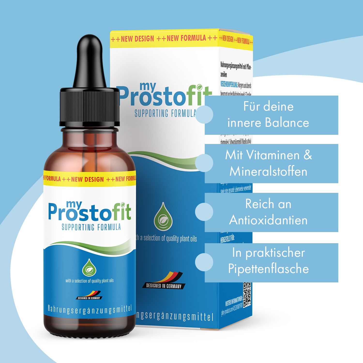 Braune Glasflasche mit schwarzem Tropfer und blauer Etikett. Aufschrift: my Prostofit, Supporting Formula. Mit Verpackung und Text.