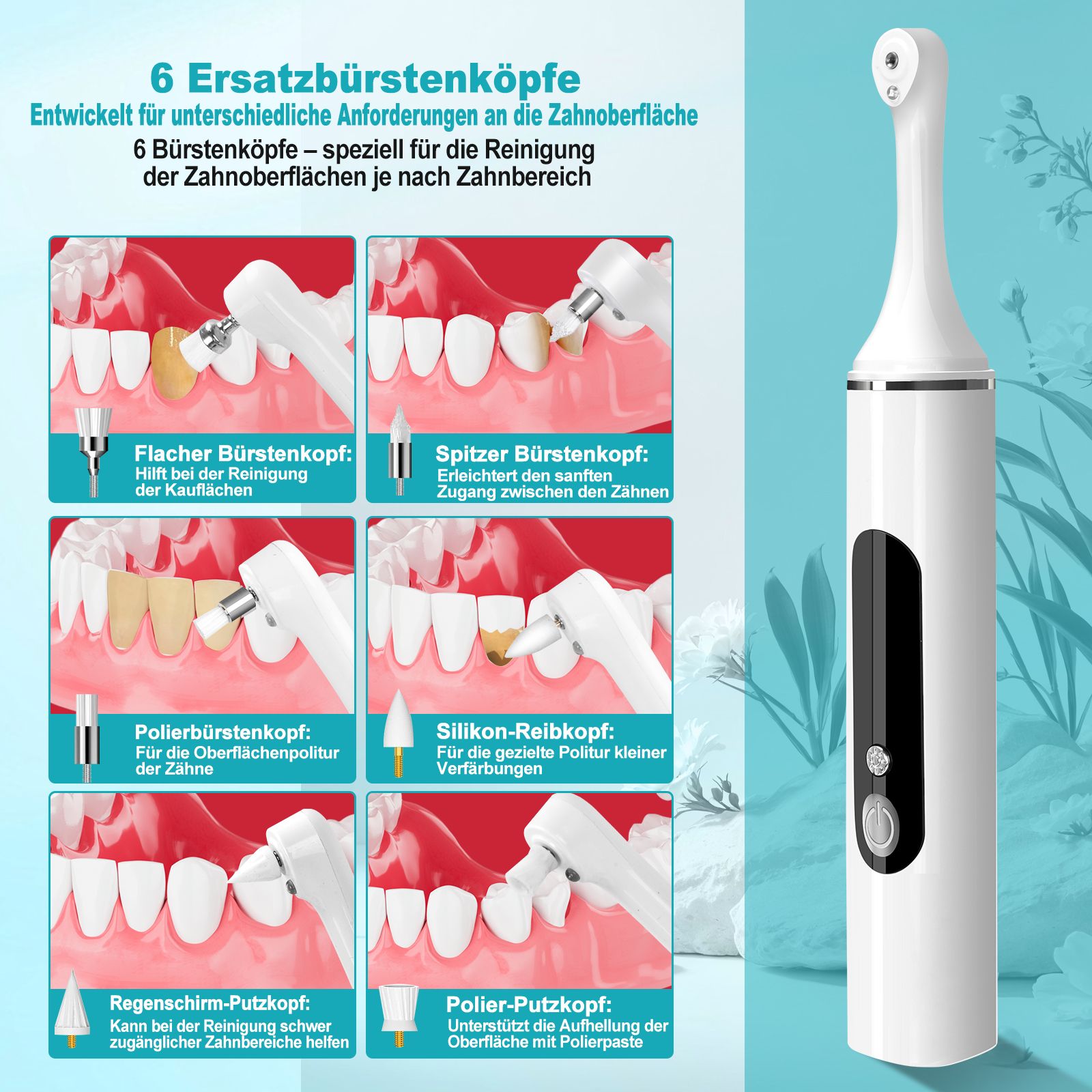 Zahnpolierer mit 6 Aufsätzen. Aufsätze für verschiedene Anforderungen. Flacher, spitzer, Polier-, Silikon-, Regenschirm- und Polier-Putz Kopf.