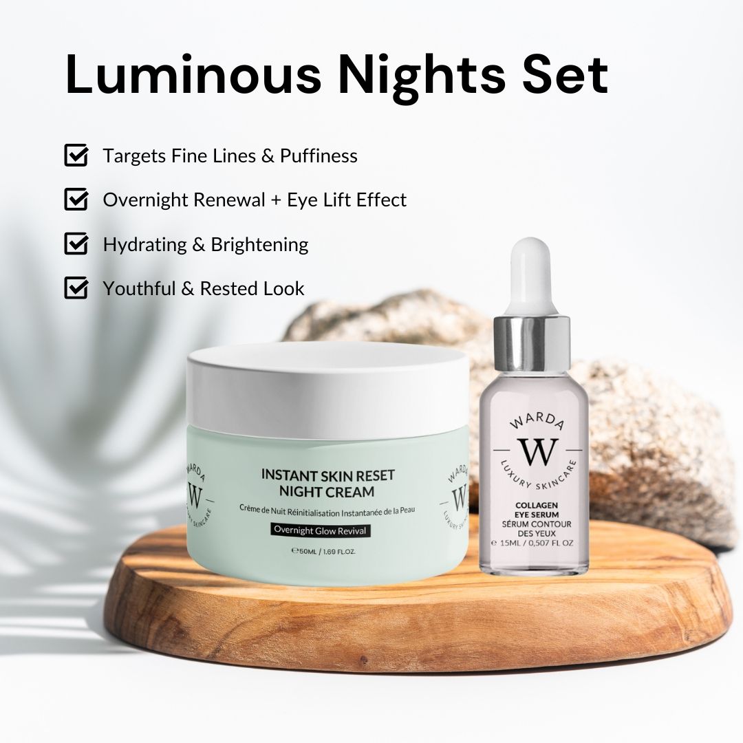 Creme- und Serumflasche. Aufschrift: Warda Luxury Skincare. Auf Holzplatte. Text: Instant Skin Reset Night Cream, Collagen Eye Serum.