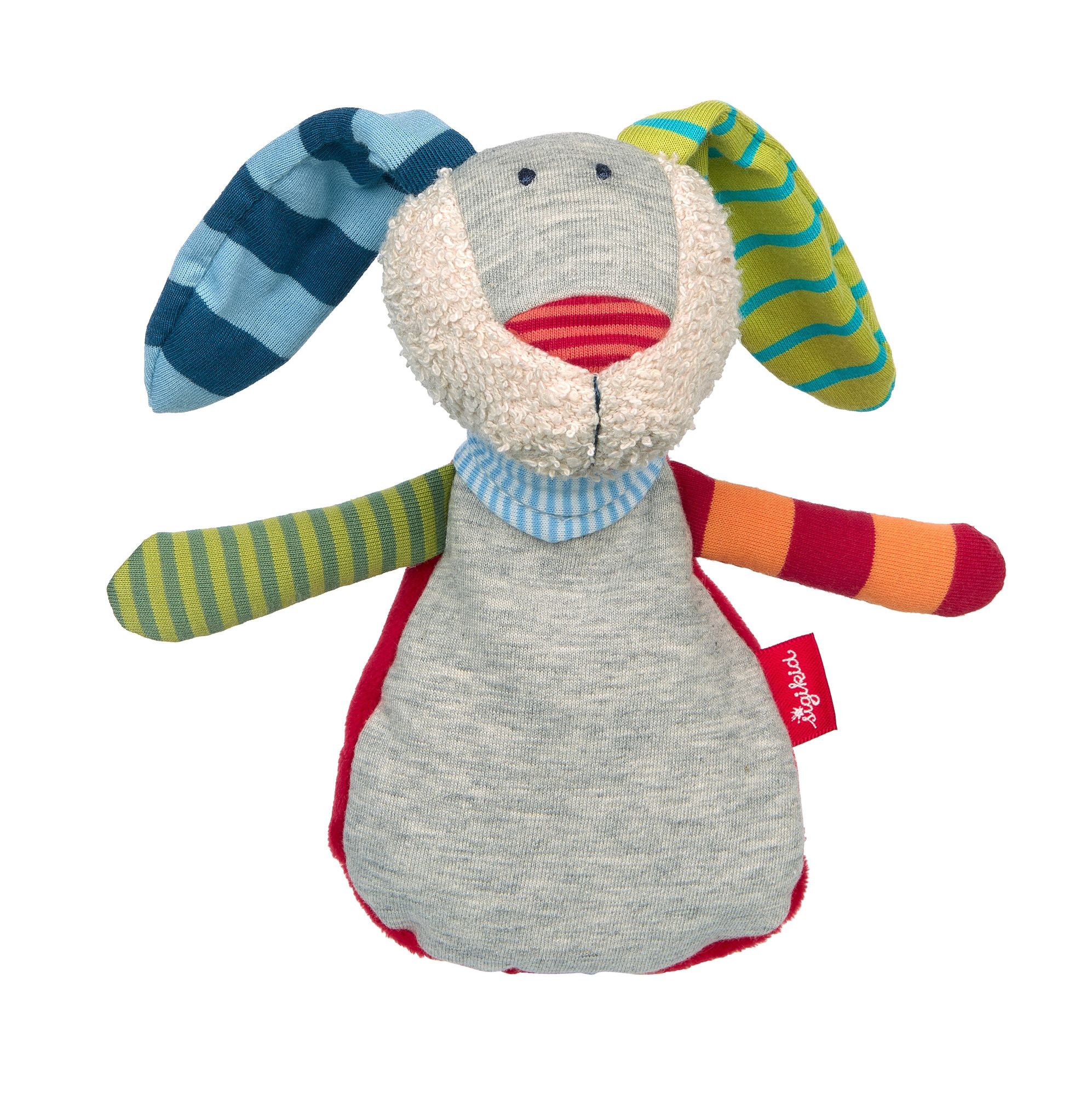 Graues Stofftier-Hase mit bunten Ohren und Armen. Roter Mund, weißes Fell, blaues Halstuch. Rotes Label mit "sigikid".