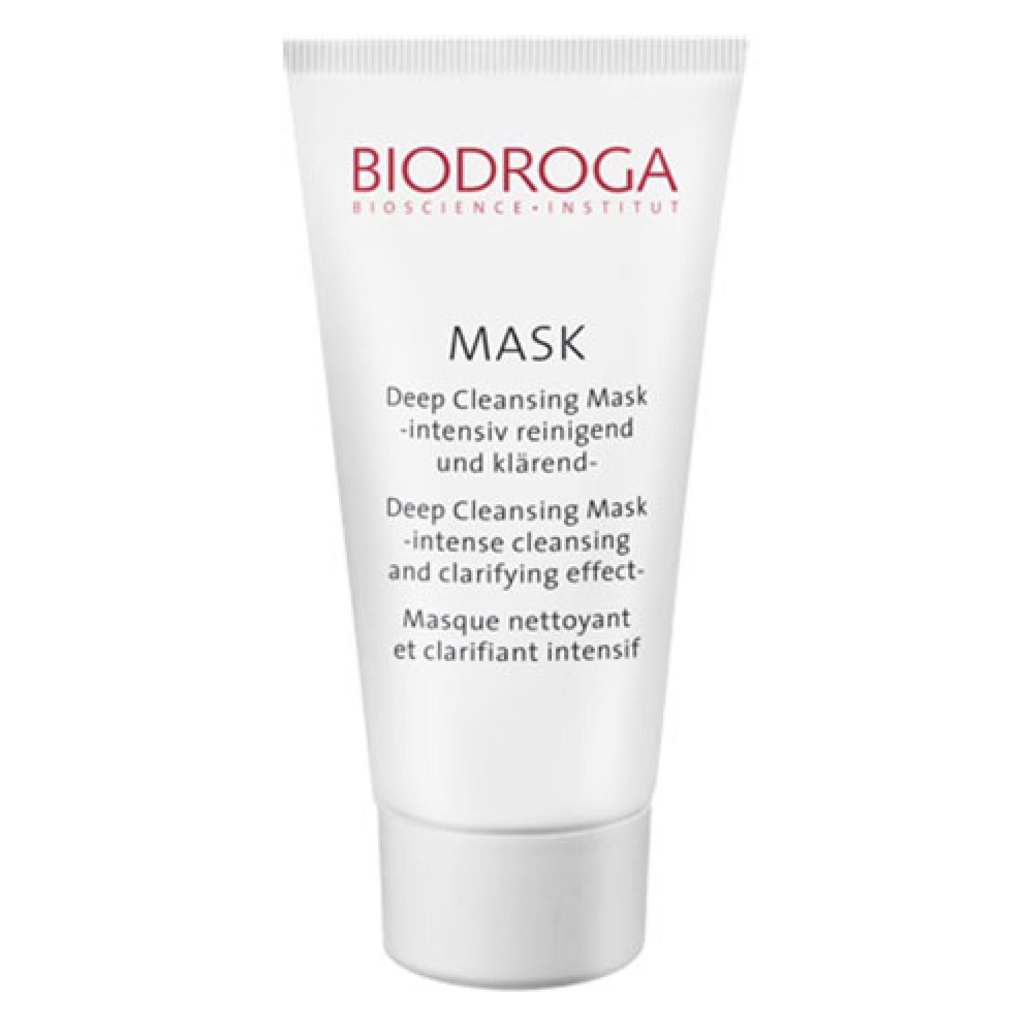 Weiße Tube mit Produktbeschriftung. Oben steht BIODROGA, darunter MASK. Mehrsprachige Produktbezeichnungen: Deep Cleansing Mask.