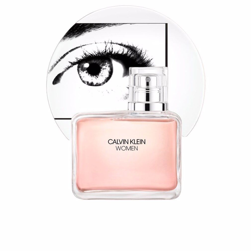 Rechteckiger Flakon mit rosa Flüssigkeit, silbernem Verschluss. Aufschrift: CALVIN KLEIN WOMEN. Hintergrund: Auge auf weißem Kreis.