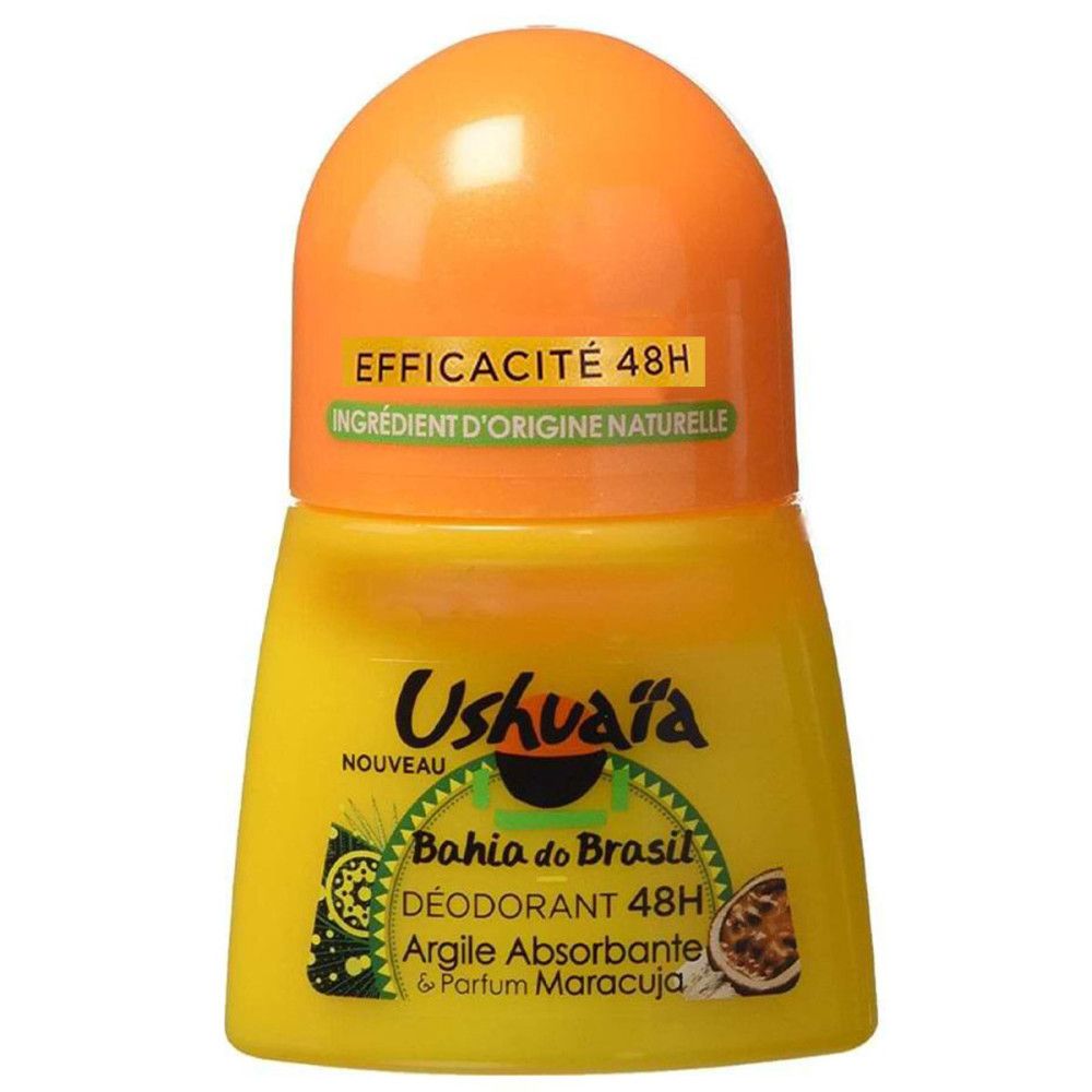 Gelber Roll-On-Deo mit orangefarbenem Deckel. Aufschrift: Ushuaïa, Bahia do Brasil, 48H Deodorant, Argile Absorbante & Parfum Maracuja.