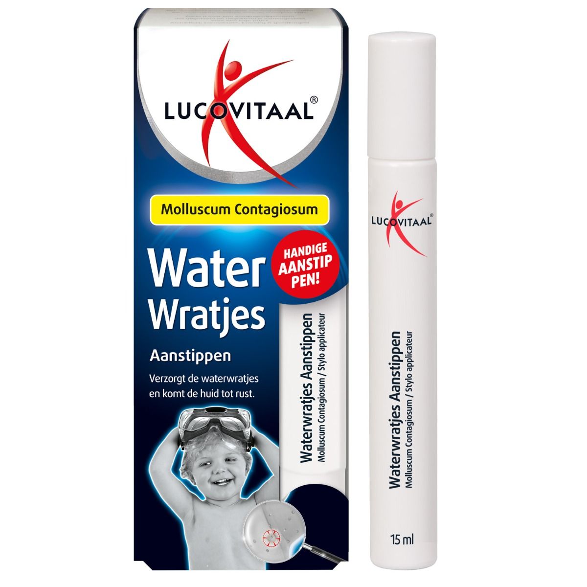 Lucovitaal Water Wratjes Aanistip Pen et emballage. Le stylo est blanc avec des inscriptions rouges. Inscription : Molluscum Contagiosum.