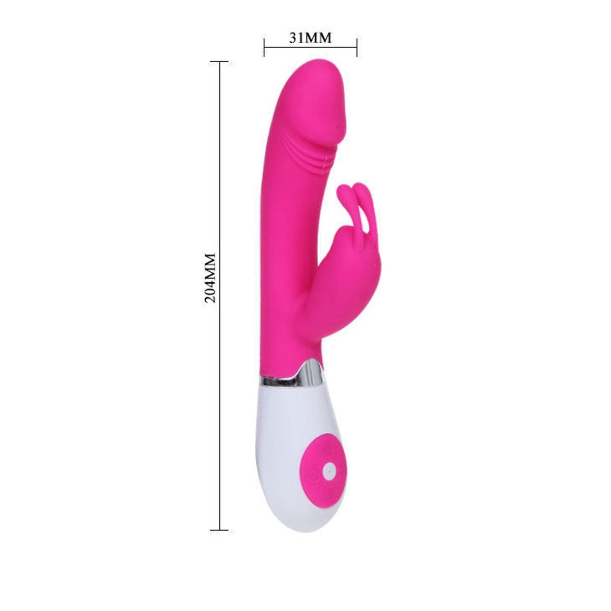 Rosa Vibrator mit weißem Sockel. Abmessungen: 204 mm lang, 31 mm breit. Hat eine längliche Form mit erhabenen Teilen.