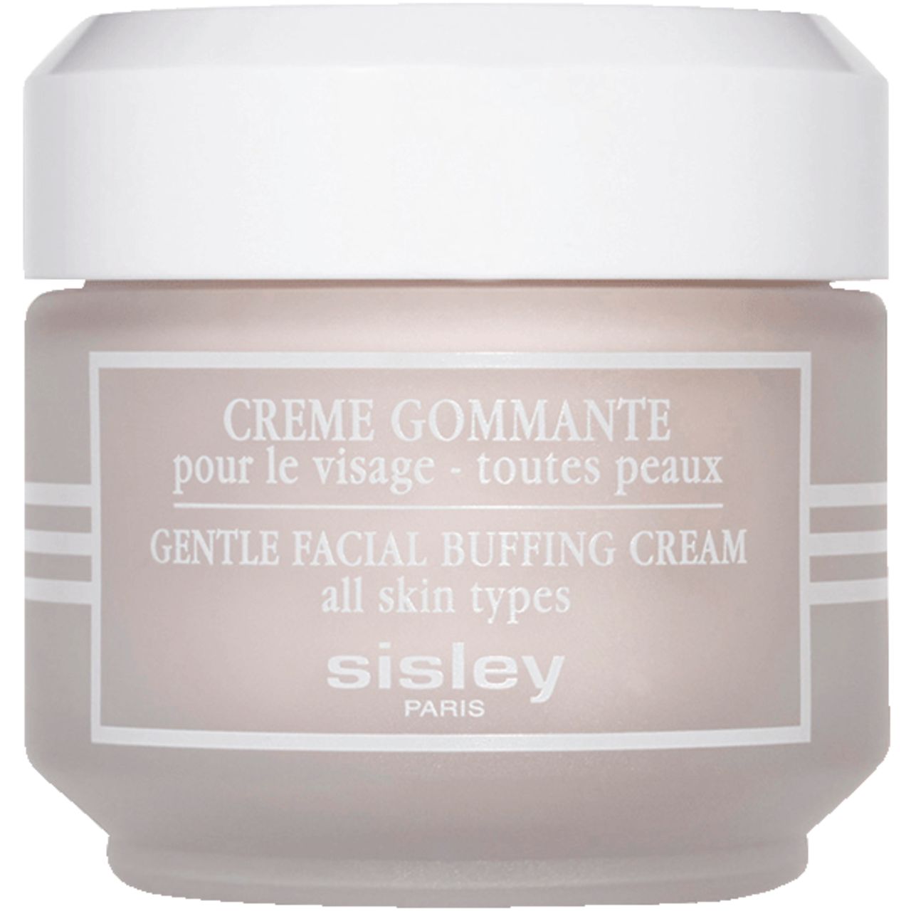 Beige Tiegel mit weißem Deckel. Etikett mit Text: Creme Gommante pour le visage, Gentle Facial Buffing Cream, Sisley Paris.