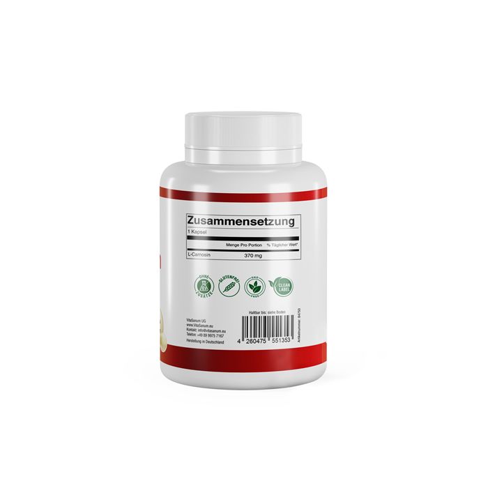 Witte fles met rood etiket. Opschrift: Samenstelling, L-Carnosine 370 mg. Zegels.