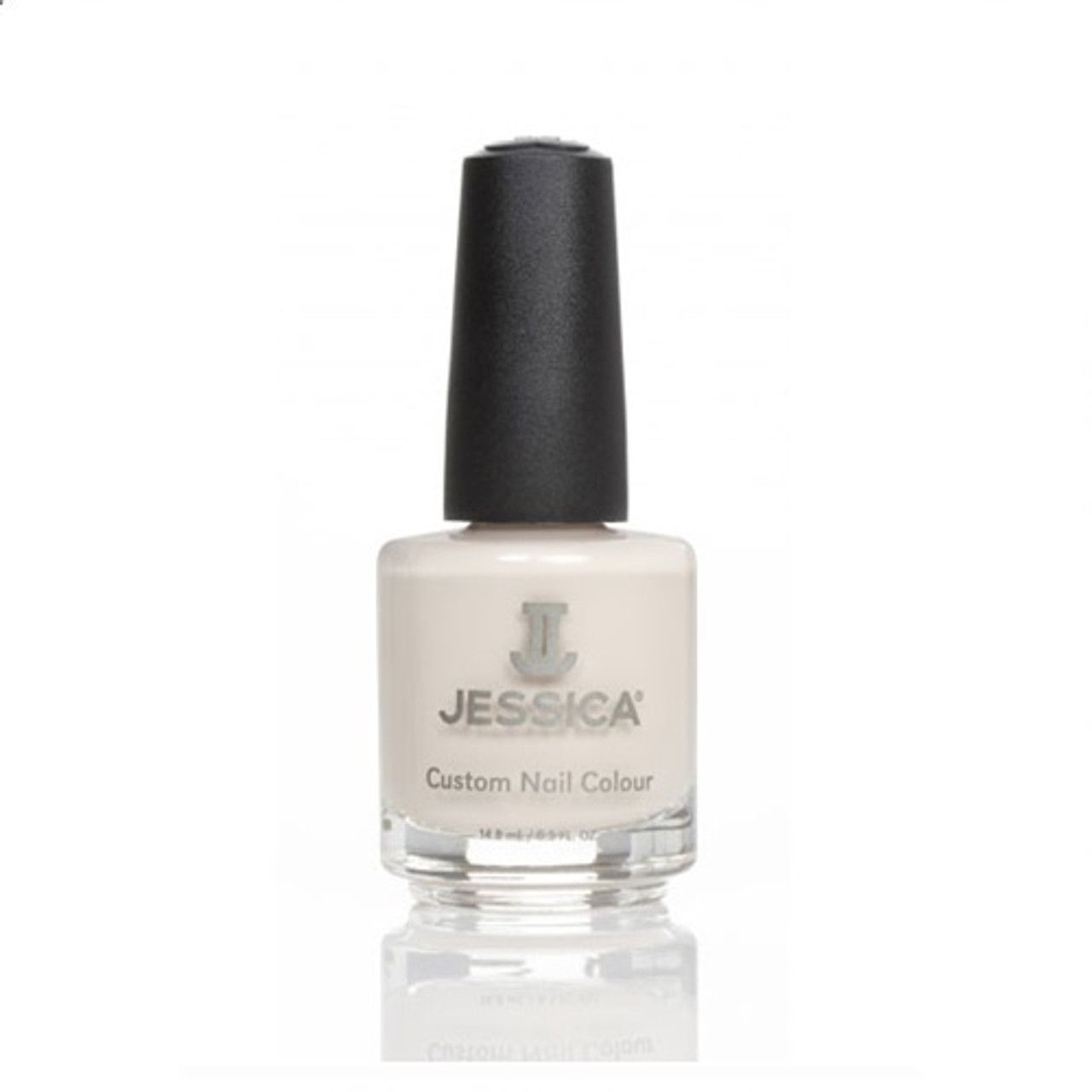 Nagellackflasche mit schwarzem Deckel. Aufschrift: JESSICA Custom Nail Colour. Farbe: hellbeige.