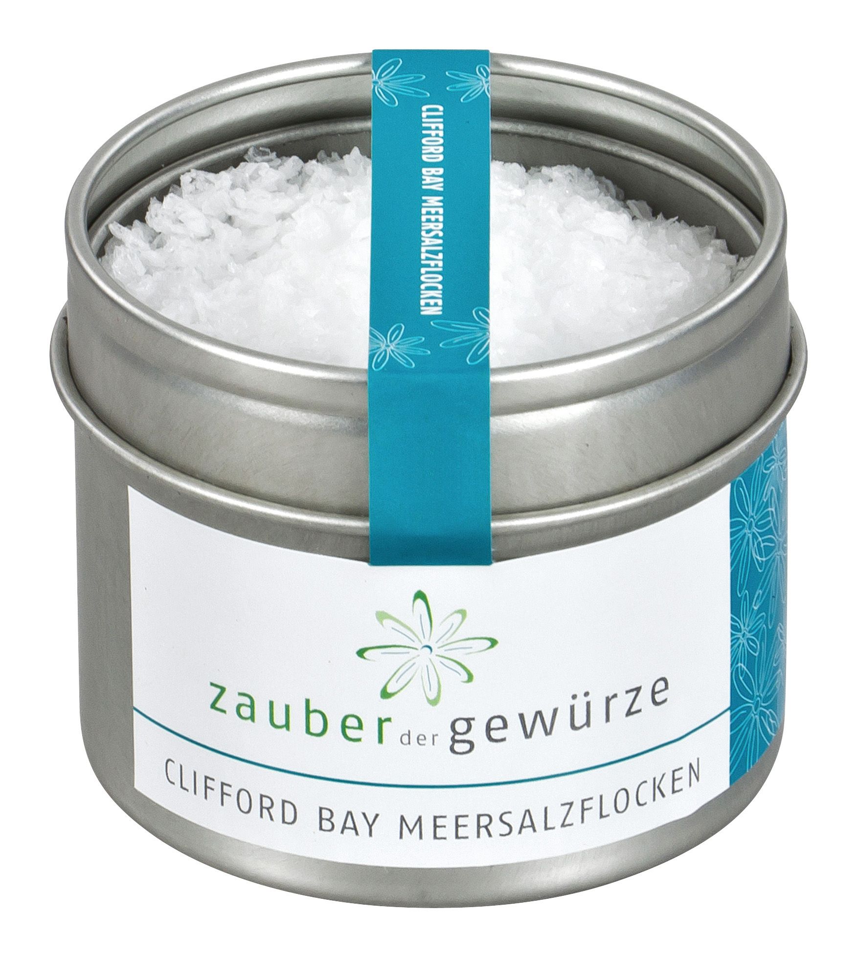 Metallbehälter mit Meersalzflocken. Aufkleber mit Produktnamen und Logo. Türkisfarbener Streifen mit Schriftzug.