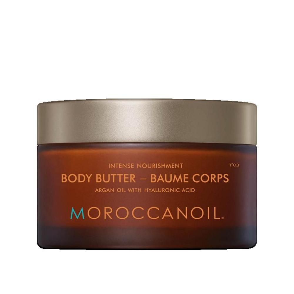 Braune Tiegel mit goldfarbenem Deckel. Aufschrift: Body Butter, Arganöl mit Hyaluronsäure. Marke: MOROCCANOIL.