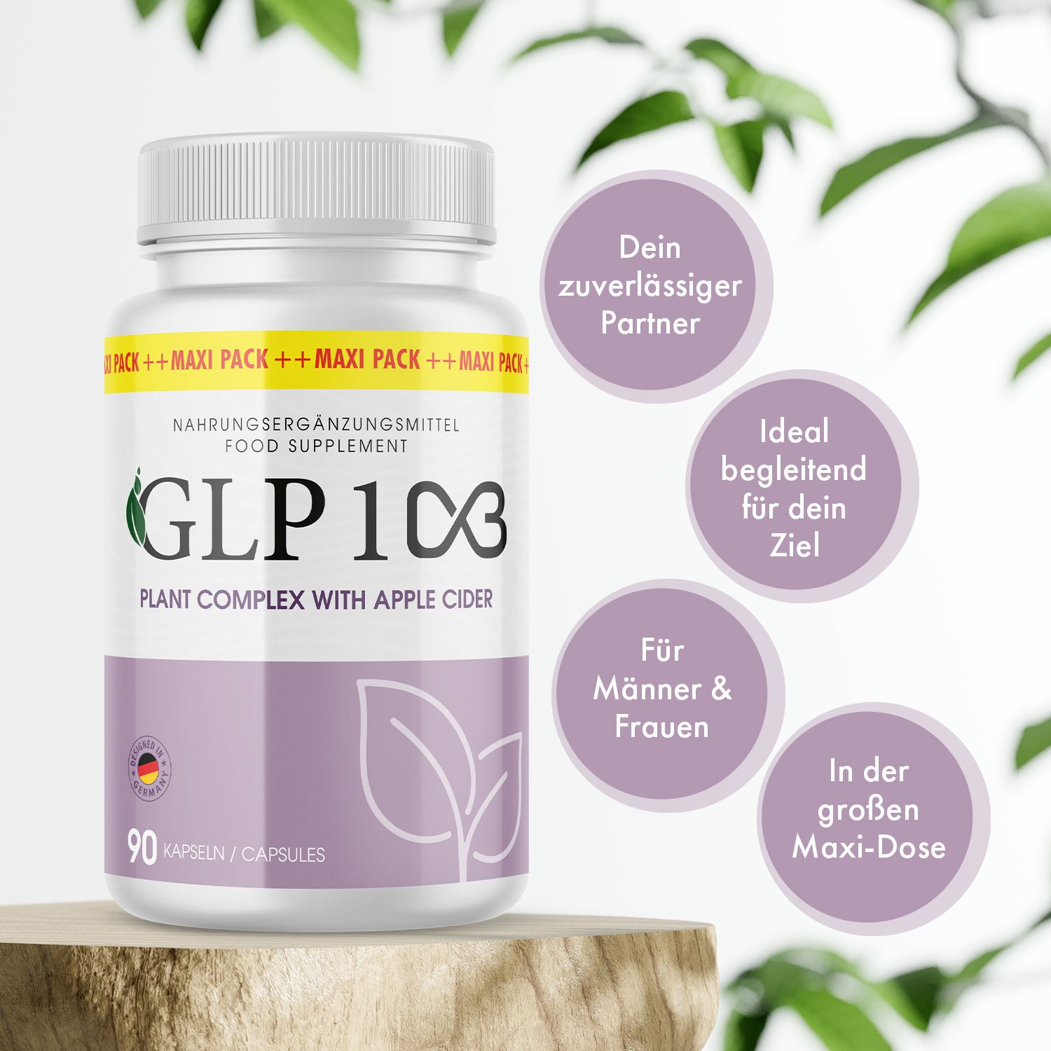 Weißes Pillenfläschchen mit lila Etikett. Aufschrift: GLP 1C3, 90 Kapseln. Mit Apfelessig. Nahrungsergänzungsmittel. Text in Kreisen.