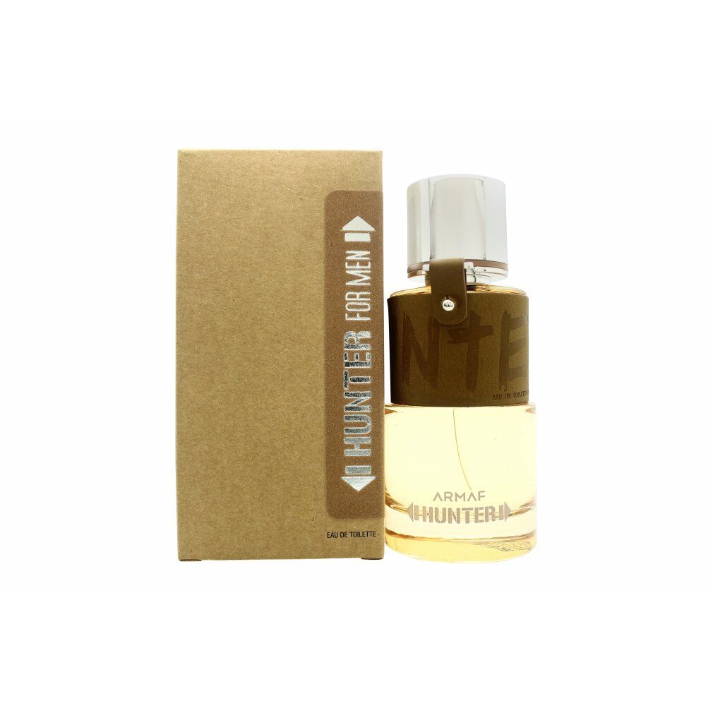 Parfümflasche mit brauner Lederhülle und Karton. Aufschrift: Armaf Hunter For Men.