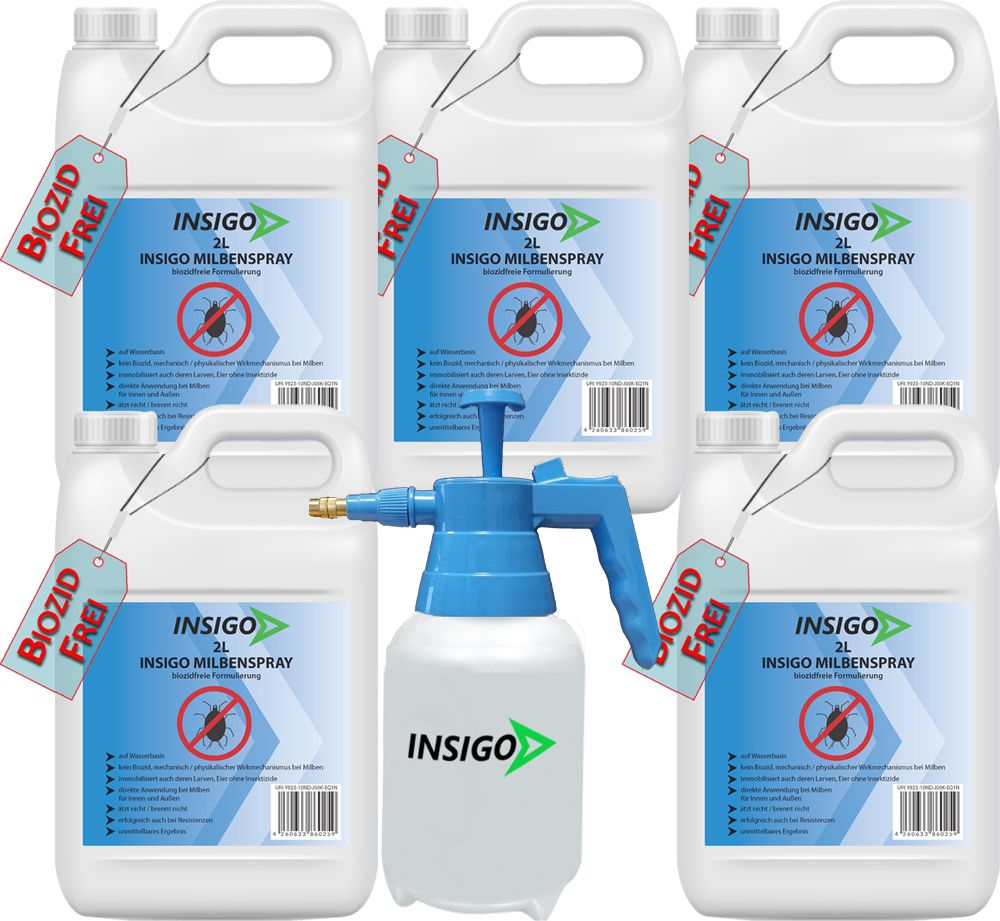 Fünf 2L Behälter INSIGO Milbenspray und ein Sprühflaschen-Applikator.