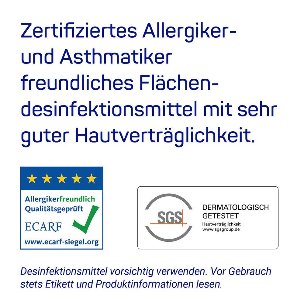 Zertifizierte Allergiker- und Asthmatiker-freundliche Flächendesinfektion. ECARF-Siegel, SGS-Logo.