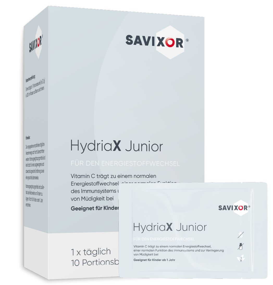 Savixor HydriaX Junior Elektrolyte Pulver für Kinder. Packung und Einzelbeutel. Enthält Vitamin C. Geeignet für Kinder ab 1 Jahr.
