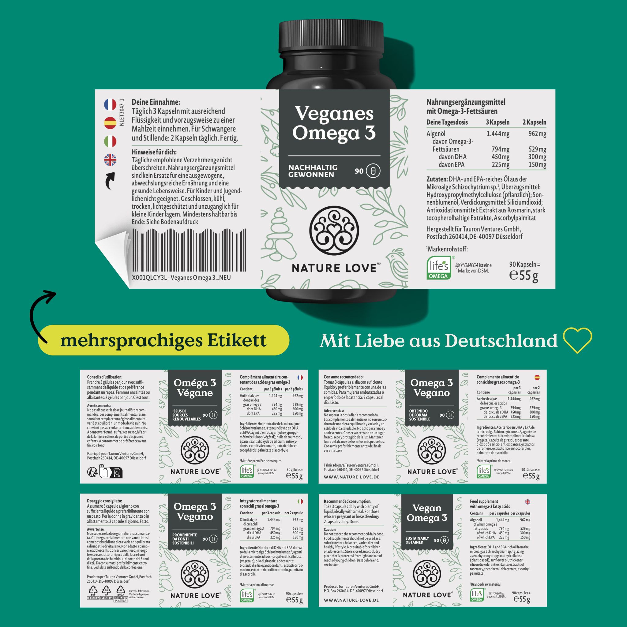Flasche mit Kapseln und mehrsprachigem Etikett. Etikett mit Informationen zu Omega 3 Vegan. Mit Liebe aus Deutschland.