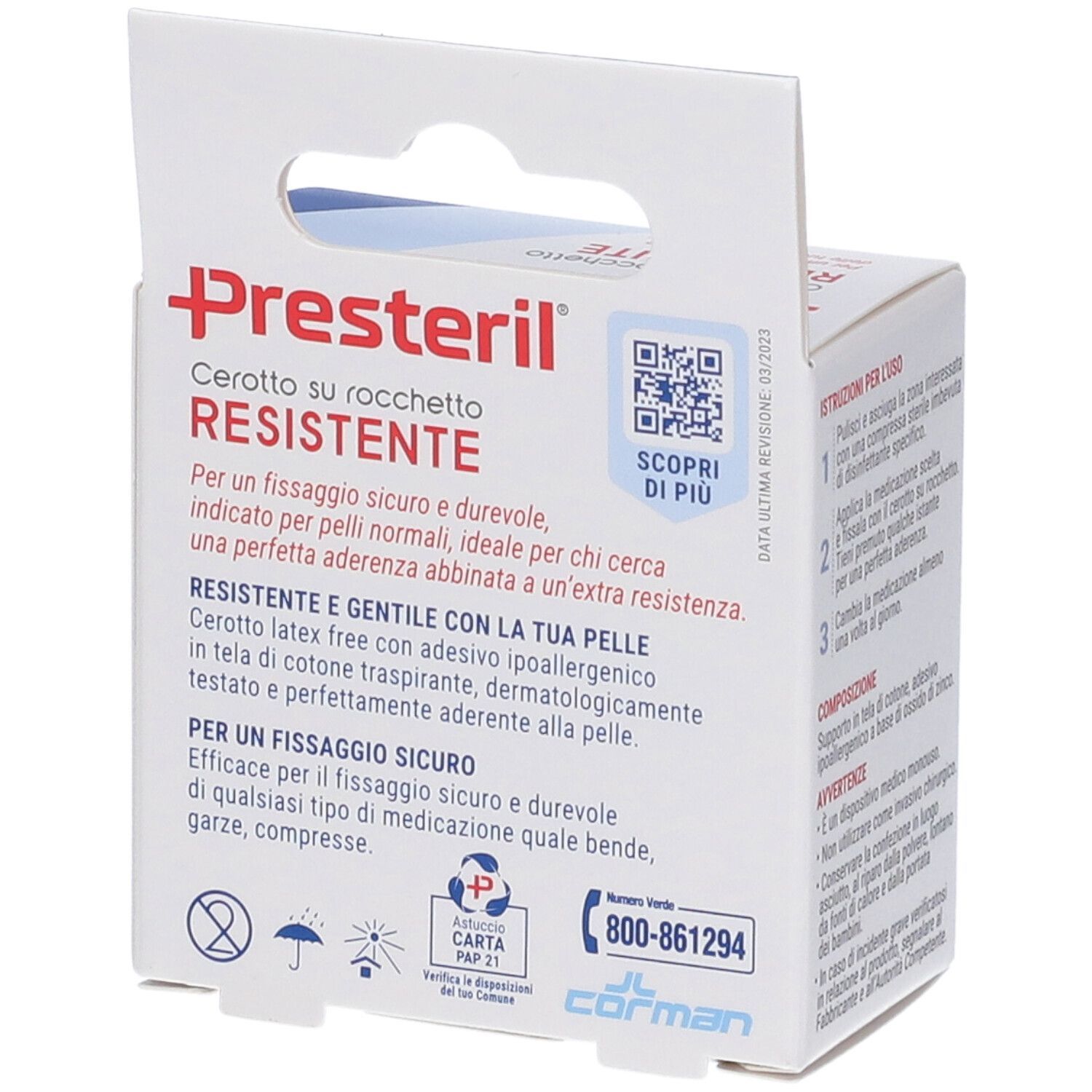Rückseite der Presteril Cerotto su Rocchetto Resistente Verpackung. Produktname, QR-Code, Kontaktinformationen und Piktogramme.