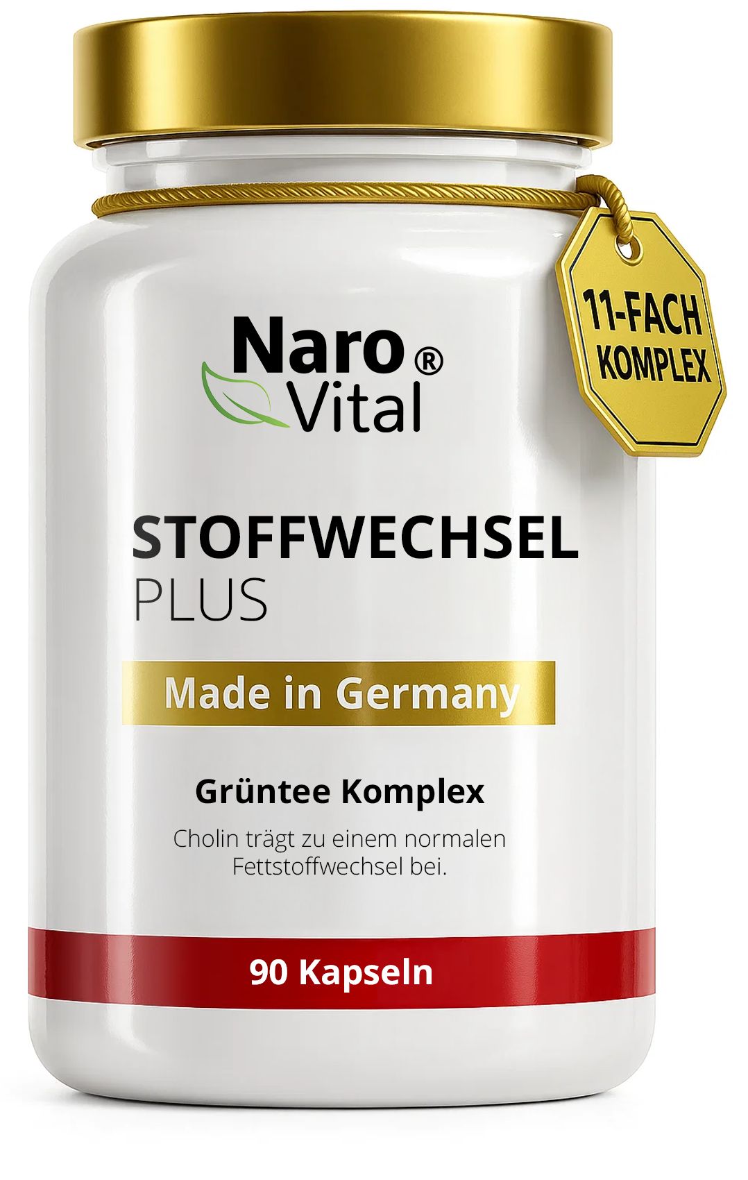 Weiße Flasche mit goldener Kappe. Aufschrift: Naro Vital, Stoffwechsel Plus, 90 Kapseln. Anhänger: 11-Fach Komplex.