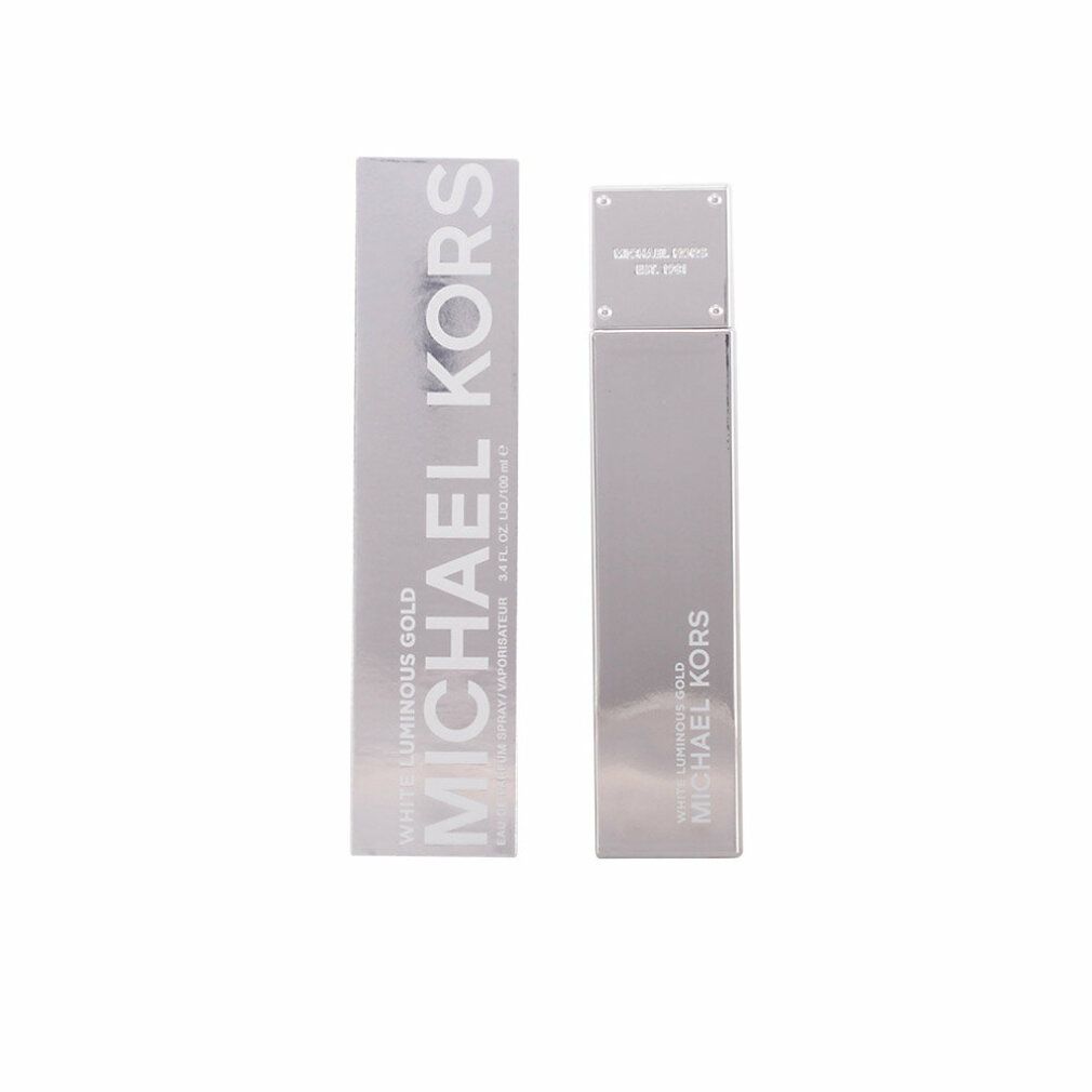 Silberner Flakon und Verpackung. MICHAEL KORS-Logo und Produktname. Quadratischer Deckel. Glänzende Oberfläche.