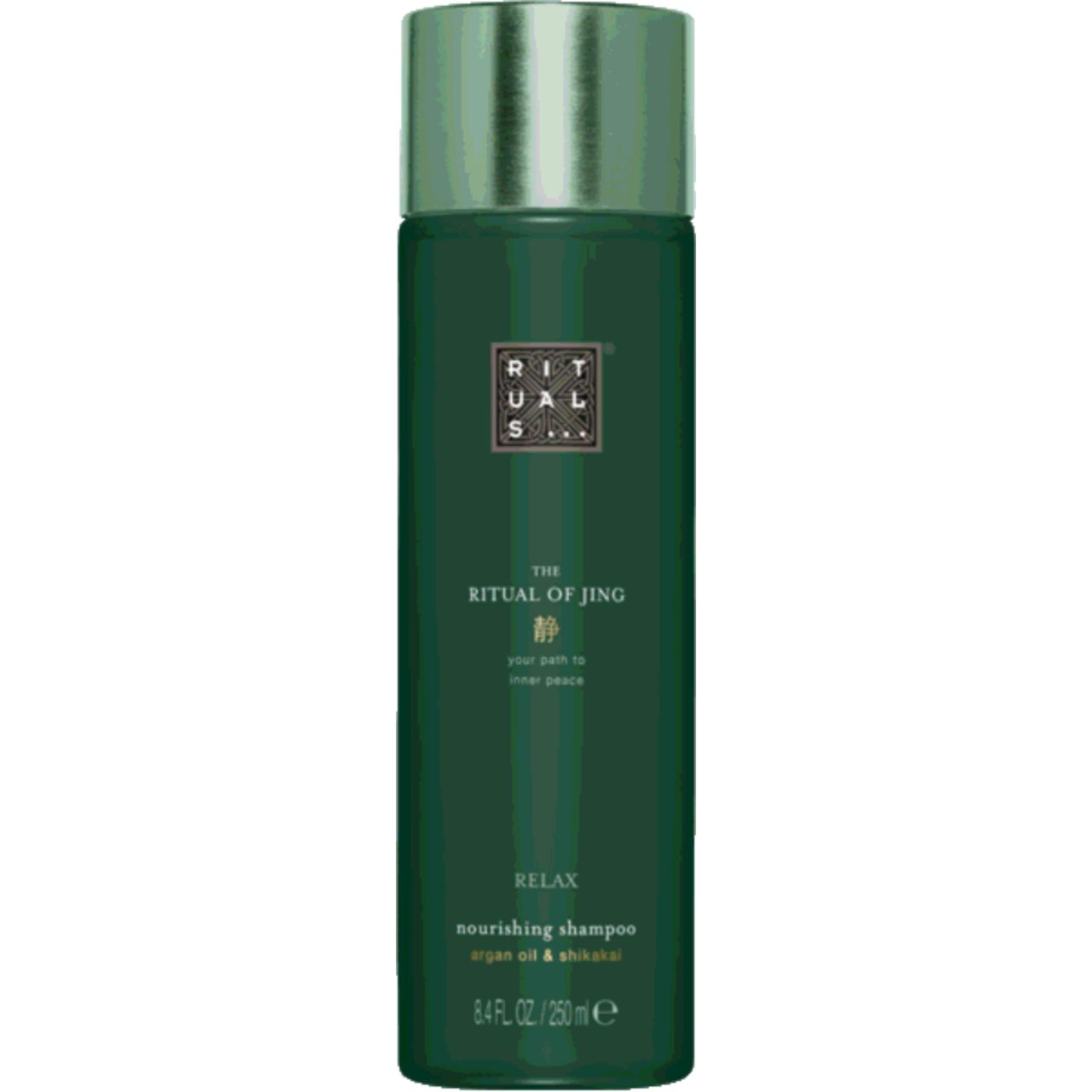 Grüne Flasche mit silbernem Deckel. Aufschrift: The Ritual of Jing, Relax, Shampoo. Text in Weiß.