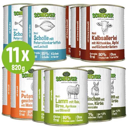 Mehrere Dosen Hundefutter. Verschiedene Sorten: Kalb, Kaninchen, Lamm, Pute und Fisch. Auf jeder Dose ist das Logo und die Sorte abgebildet. 11x 820g.