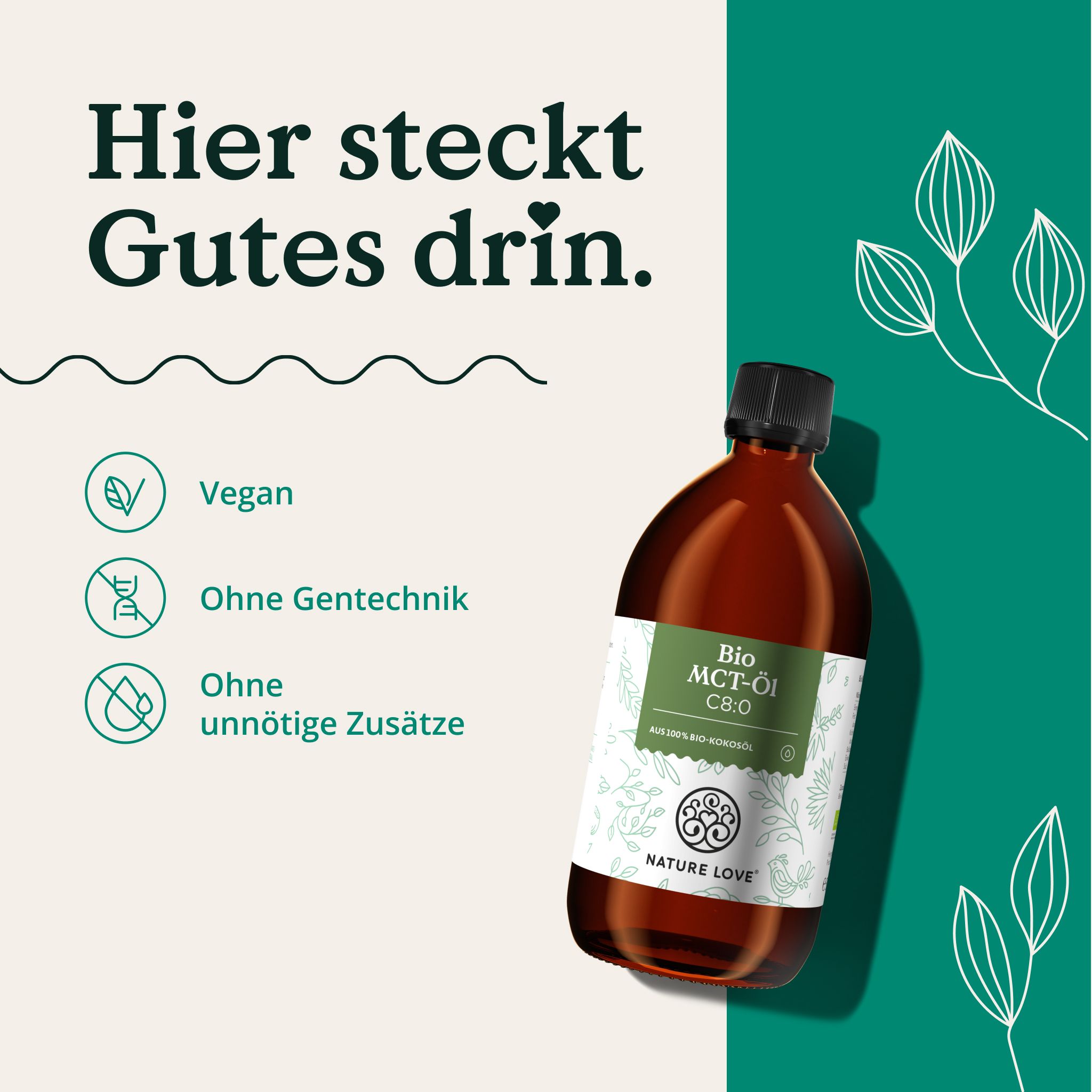 Braune Flasche mit schwarzem Deckel. Etikett mit "Bio MCT-Öl C8:0". Text: "Vegan", "Ohne Gentechnik".