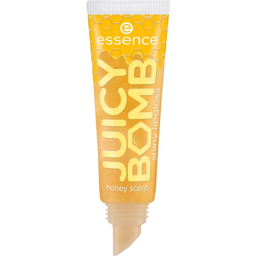 Gelbe Lipgloss-Tube mit Schriftzug "JUICY BOMB" und "honey scent". Marke "essence" sichtbar. Applikator.