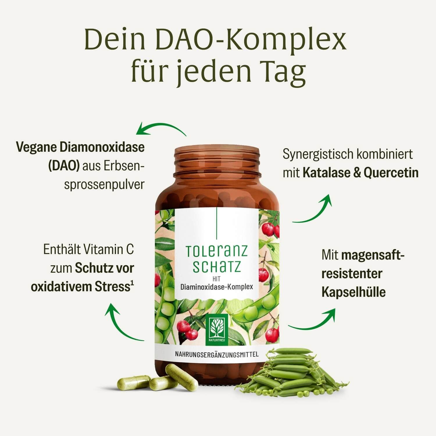 Braune Flasche mit Kapseln, Erbsen und Kirschen. Etikett zeigt "Toleranz Schatz" und "Diaminoxidase-Komplex".
