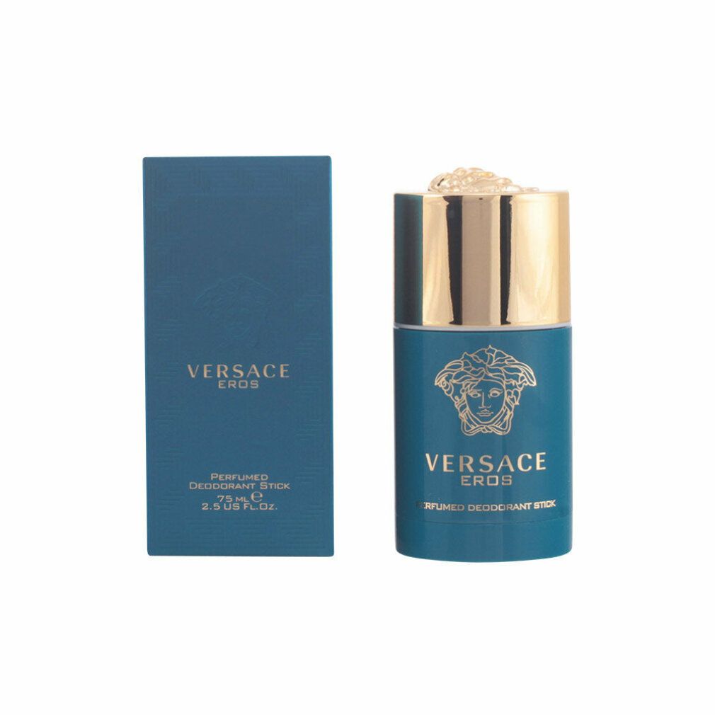 Blauer Deostift mit goldfarbenem Deckel und Verpackung. Aufschrift: Versace Eros. 75 ml.