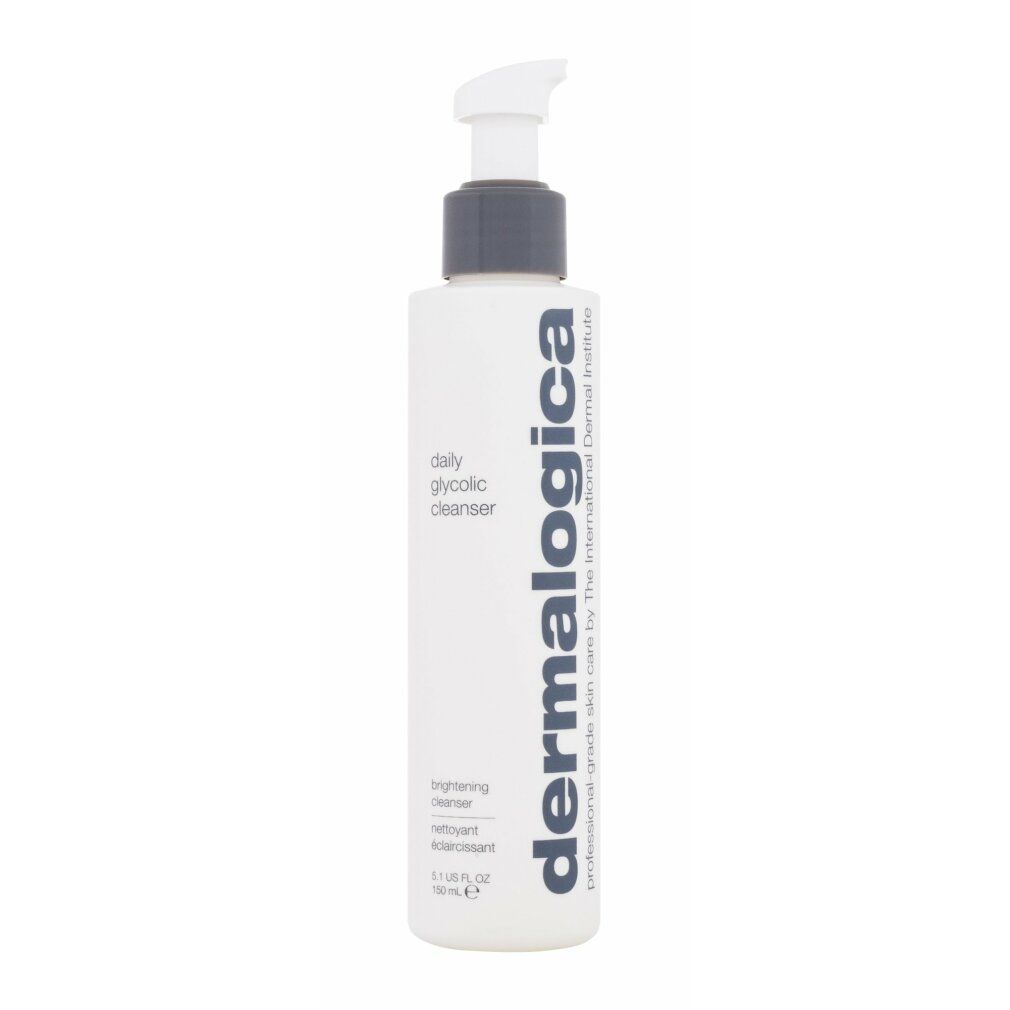 Weiße Flasche mit Pumpe. Aufschrift: dermalogica, daily glycolic cleanser.