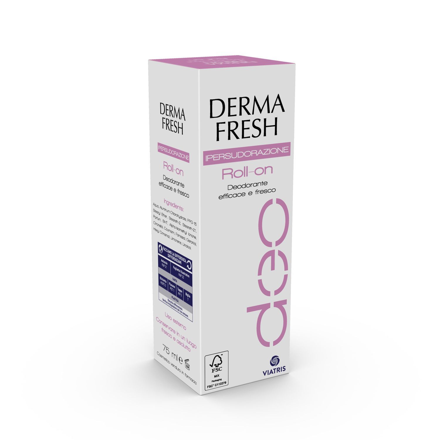Verpackung von DERMA FRESH Deo Roll-on. Weiß mit rosa Akzenten. Text: Roll-on, Deo, Persudazione. FSC-Logo.