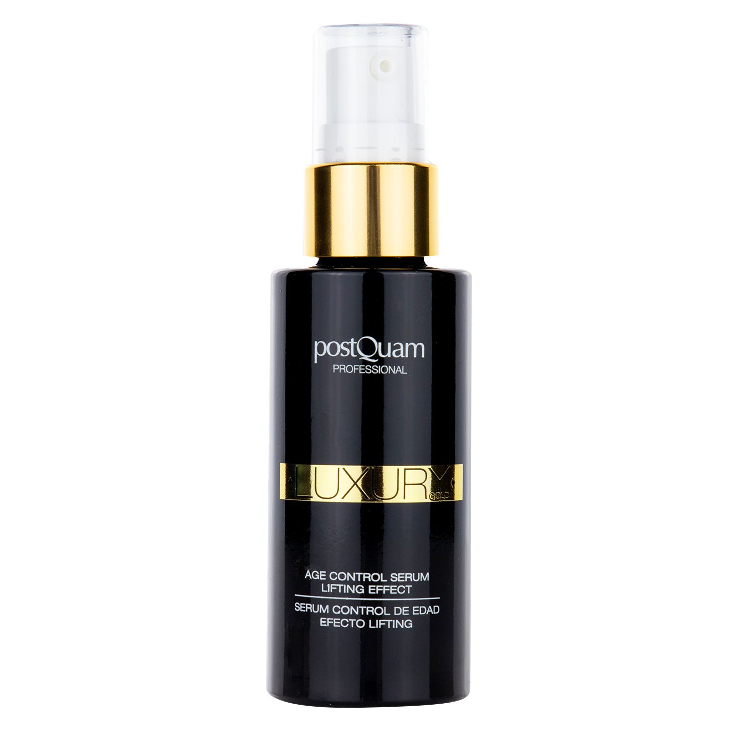 Schwarze Flasche mit goldenen Akzenten. Aufschrift: Postquam, Luxury, Age Control Serum, Lifting Effect.