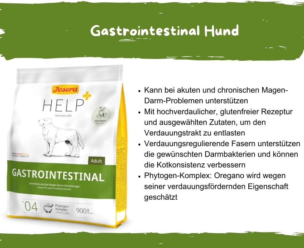 Josera Help Gastrointestinal Hundefutter Beutel mit detaillierten Produktinformationen und Illustration eines Hundes.