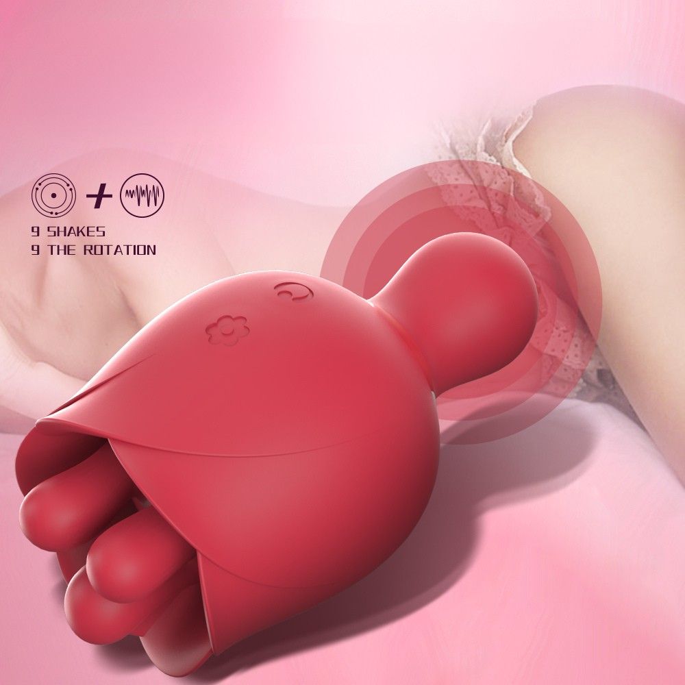 Roter Mini-Vibrator in Anwendung. Text: 9 SHAKES + 9 THE ROTATION.