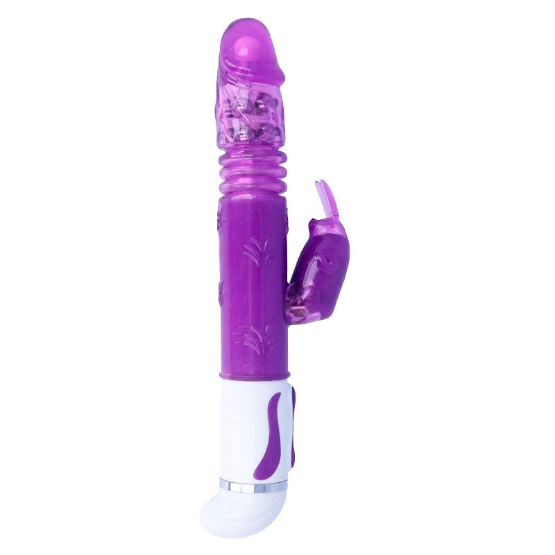 Lila Vibrator mit weißem Fuß. Mit geriffelter Oberfläche und seitlichem Element.
