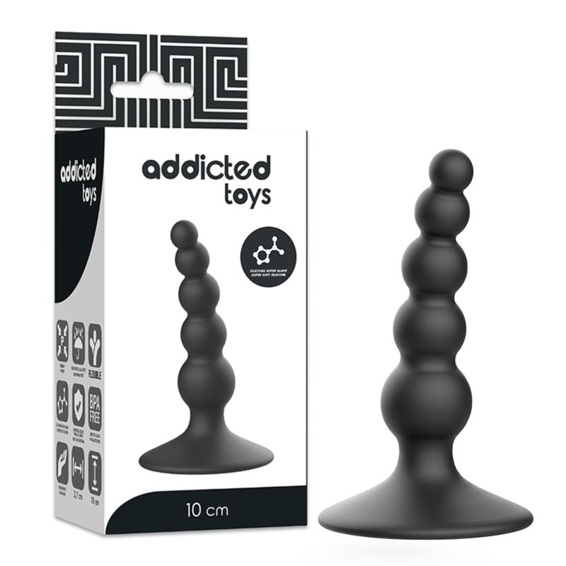 Verpackung mit Analplug. Aufdruck: Addicted Toys, 10 cm. Produkt mit abgerundeten Kugeln.