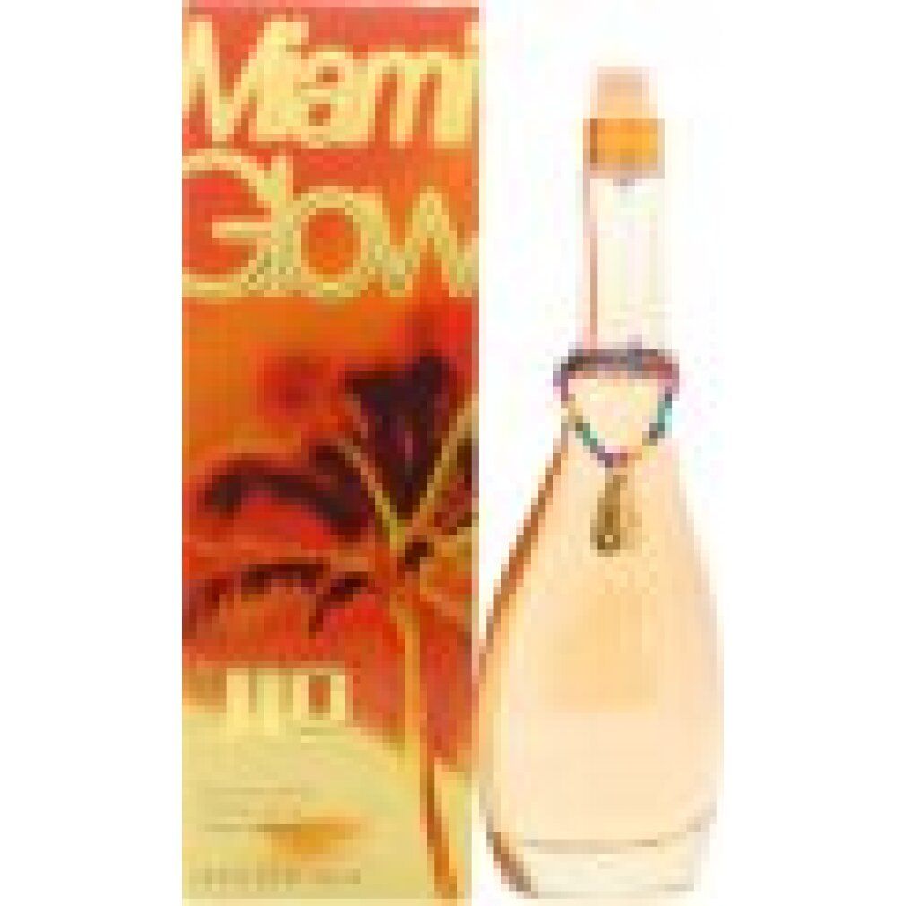 Parfümflasche und Verpackung. Flasche mit Schmuckband. Verpackung mit Aufschrift Miami Glow und Logo JLo.