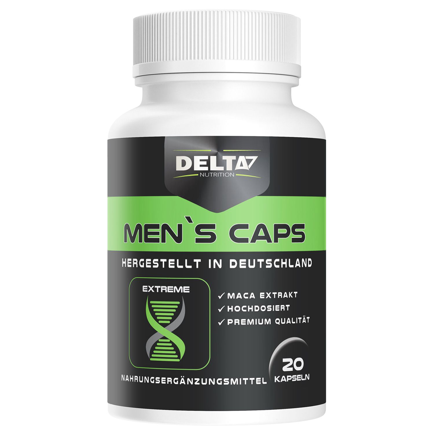 Weiße Flasche mit schwarzem Etikett. Aufschrift: Men's Caps, Delta7 Nutrition. Enthält 20 Kapseln. Mit grünen Akzenten und Text.