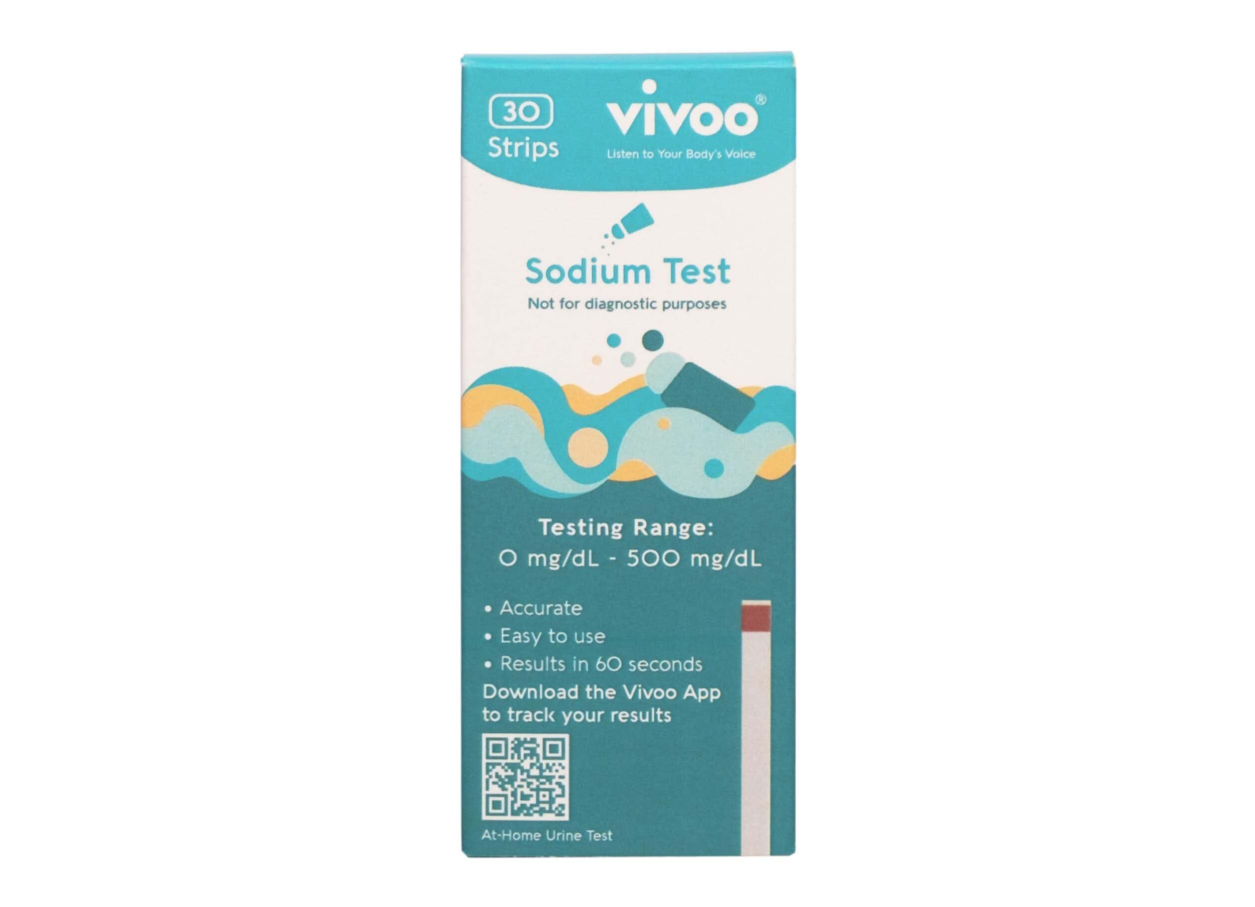 Packung mit 30 Vivoo Natrium Teststreifen für zu Hause. Testbereich 0-500 mg/dL.