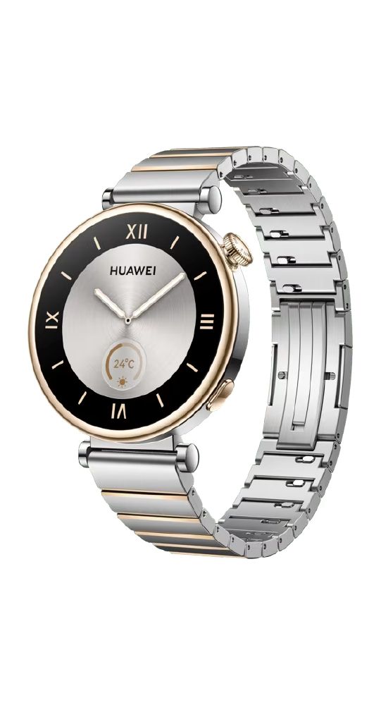 Smartwatch mit rundem Zifferblatt, silbernem Gehäuse und Armband. Schwarzes Zifferblatt mit römischen Ziffern und Huawei-Logo.