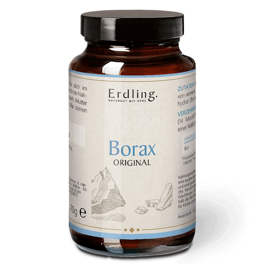 Braune Glasflasche mit schwarzem Deckel. Aufschrift "Erdling Borax Original". Etikett mit Berg-Illustration. 70g.