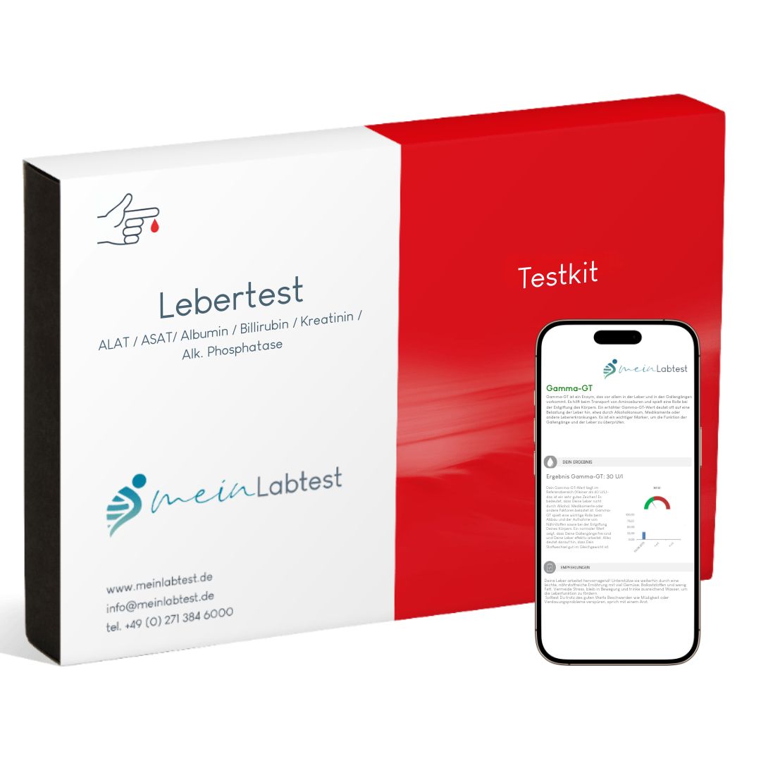 Meinlabtest Lebertest-Kit. Weiß-roter Karton mit Produktinformationen. Smartphone mit Testergebnis-Anzeige.