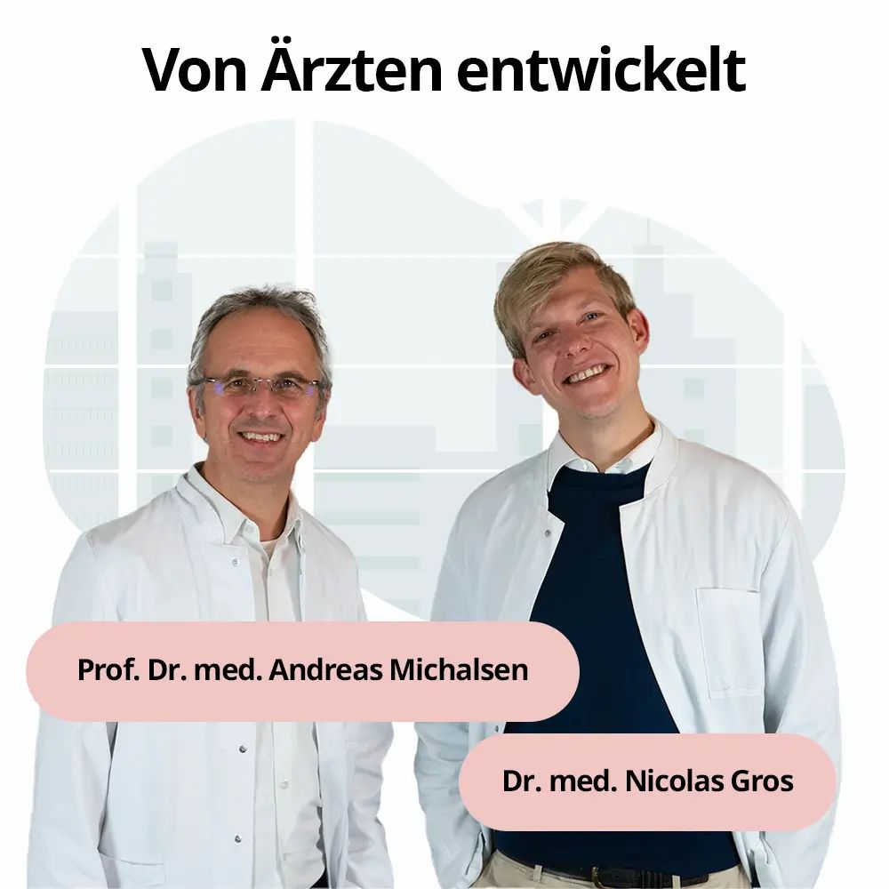 Zwei Ärzte im weißen Kittel. Text: Von Ärzten entwickelt. Namen und Titel.