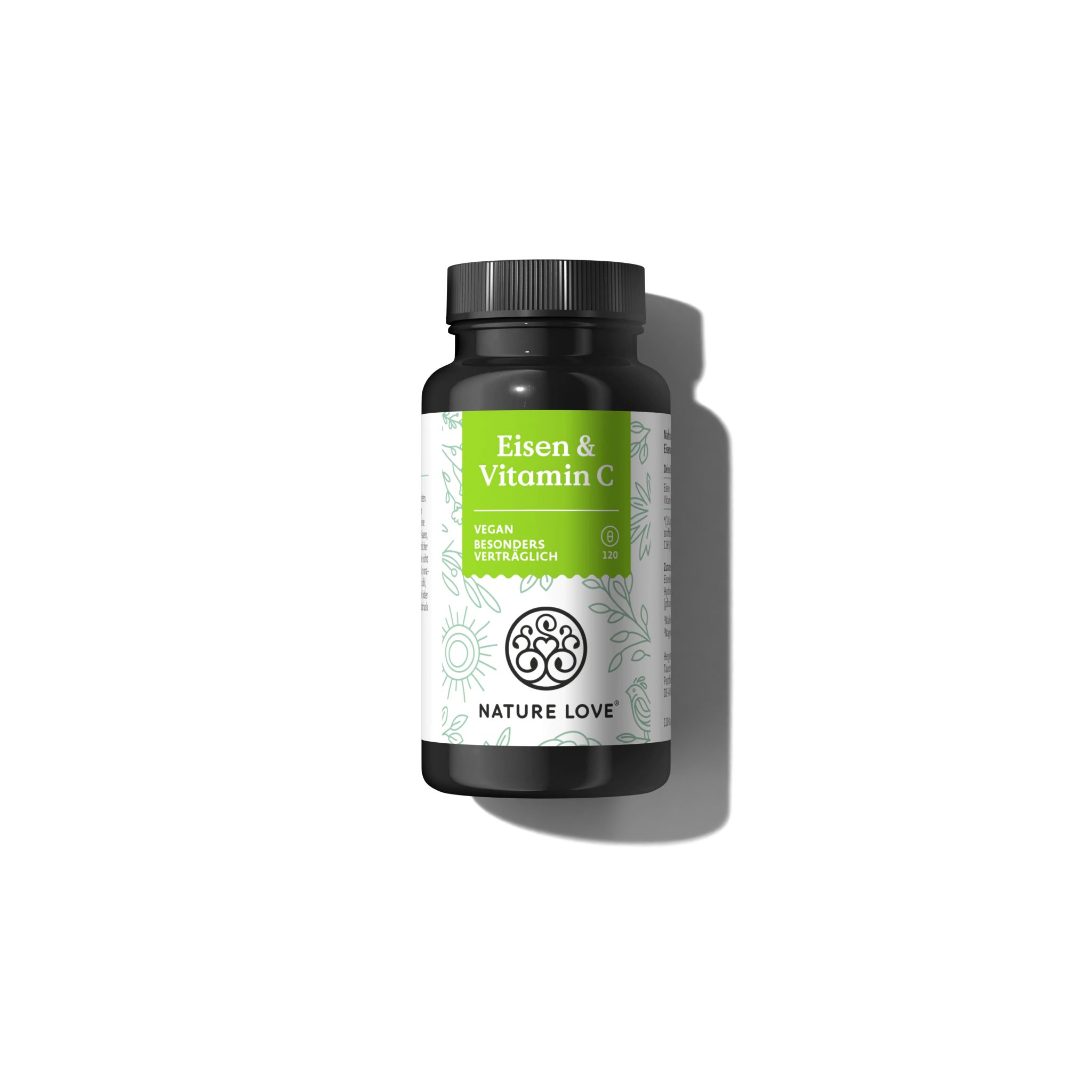 Dunkle Flasche mit weißen Etikett. Aufschrift: Eisen & Vitamin C, vegan, NATURE LOVE®-Logo. Deckel oben.